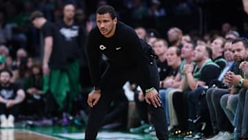 Apr 29, 2025; Boston, Massachusetts, USA; Boston Celtics head coach Joe Mazzulla watches from the sideline as they take on the Orlando Magic during game five of first round for the 2025 NBA Playoffs at TD Garden. Mandatory Credit: David Butler II-Imagn Images