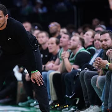 Apr 29, 2025; Boston, Massachusetts, USA; Boston Celtics head coach Joe Mazzulla watches from the sideline as they take on the Orlando Magic during game five of first round for the 2025 NBA Playoffs at TD Garden. Mandatory Credit: David Butler II-Imagn Images