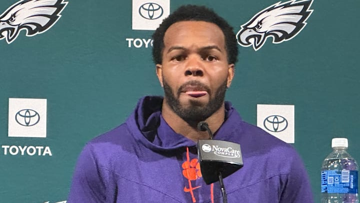 Eagles LB Jeremiah Trotter Jr. speaks with reporters on June 3, 2025. 