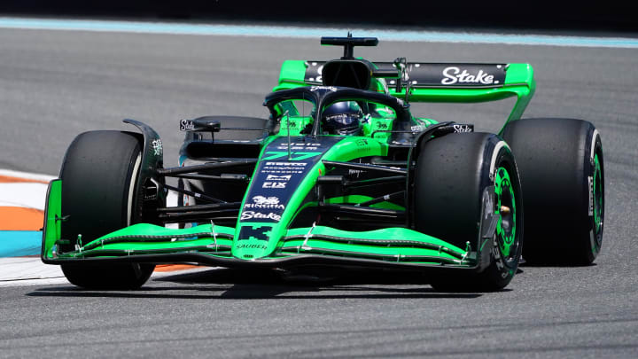 May 3, 2024; Miami Gardens, Florida, USA; Kick Sauber driver Valtteri Bottas (77) races into turn one during F1 practice at Miami International Autodrome. Mandatory Credit: John David Mercer-USA TODAY Sports