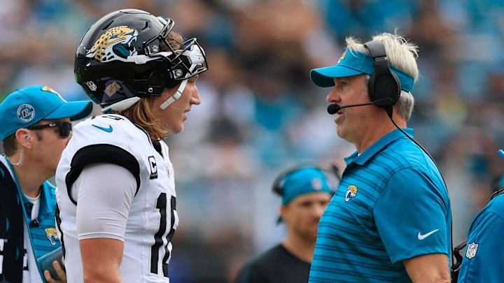 Jacksonville Jaguars quarterback Trevor Lawrence (16) talks with head coach Doug Pederson during the fourth quarter of an NFL football matchup Sunday, Sept. 15, 2024 at EverBank Stadium in Jacksonville, Fla. The Browns defeated the Jaguars 18-13. [Corey Perrine/Florida Times-Union]