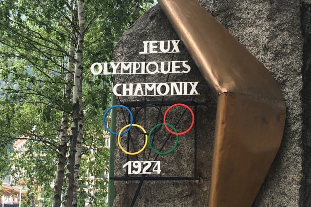 A sign showing the Olympic circles in Chamonix, France