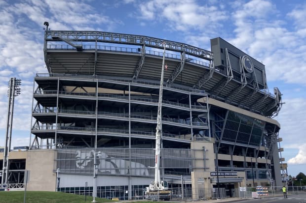 A crane sits inside a construction area at Penn State's Beaver Stadium.