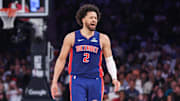 Apr 19, 2025; New York, New York, USA; Detroit Pistons guard Cade Cunningham (2) reacts after scoring against the New York Knicks in Game One of the First Round of the NBA Playoffs at Madison Square Garden. Mandatory Credit: Wendell Cruz-Imagn Images