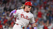 Sep 9, 2025; Philadelphia, Pennsylvania, USA; Philadelphia Phillies outfielder Harrison Bader (2) watches his home run during the second inning against the New York Mets at Citizens Bank Park. Mandatory Credit: Eric Hartline-Imagn Images