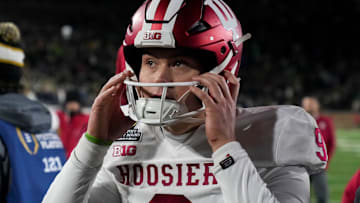 Indiana Hoosiers quarterback Kurtis Rourke (9) leaves the field after losing a game between the Indiana Hoosiers and the Notre Dame Fighting Irish in first round of the College Football Playoff on Saturday, Dec. 21, 2024, in South Bend. Notre Dame defeated Indiana 27-17.
