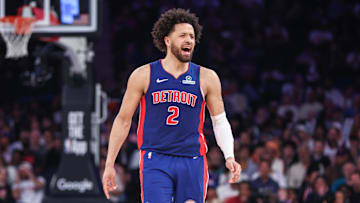 Apr 19, 2025; New York, New York, USA; Detroit Pistons guard Cade Cunningham (2) reacts after scoring against the New York Knicks in Game One of the First Round of the NBA Playoffs at Madison Square Garden. Mandatory Credit: Wendell Cruz-Imagn Images