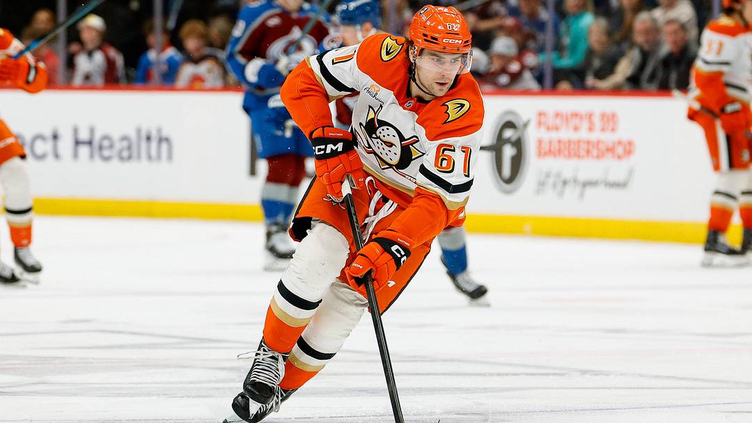 Jan 21, 2026; Denver, Colorado, USA; Anaheim Ducks left wing Cutter Gauthier (61) controls the puck in the third period against the Colorado Avalanche at Ball Arena. Mandatory Credit: Isaiah J. Downing-Imagn Images