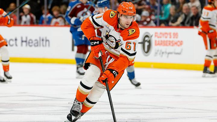 Jan 21, 2026; Denver, Colorado, USA; Anaheim Ducks left wing Cutter Gauthier (61) controls the puck in the third period against the Colorado Avalanche at Ball Arena. Mandatory Credit: Isaiah J. Downing-Imagn Images