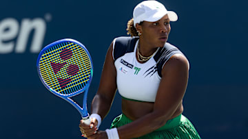 Taylor Townsend in action against Antonia Ruzic of Croatia in the first round of the women's singles at the US Open 