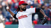 Apr 8, 2025; Cleveland, Ohio, USA; Cleveland Guardians relief pitcher Emmanuel Clase (48) throws a pitch during the ninth inning against the Chicago White Sox at Progressive Field. Mandatory Credit: Ken Blaze-Imagn Images
