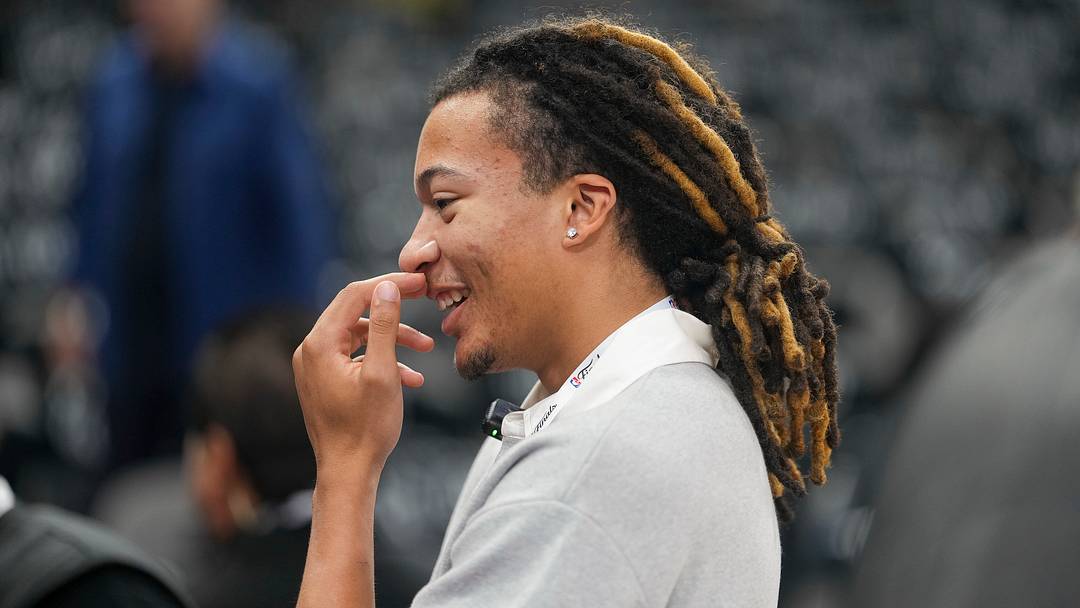 Jun 5, 2026; San Antonio, Texas, USA; Houston Cougars player Kingston Flemings before the game between the San Antonio Spurs and the New York Knicks in game two of the 2026 NBA Finals at Frost Bank Center. Jun 5, 2026; San Antonio, Texas, USA; Houston Cougars player Kingston Flemings before the game between the San Antonio Spurs and the New York Knicks in game two of the 2026 NBA Finals at Frost Bank Center.