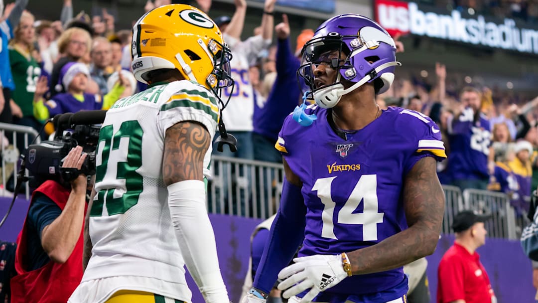 Dec 23, 2019; Minneapolis, Minnesota, USA;  Minnesota Vikings wide receiver Stefon Diggs (14) celebrates his touchdown in the second quarter against Green Bay Packers defensive back Jaire Alexander (23) at U.S. Bank Stadium. Mandatory Credit: Brad Rempel-Imagn Images