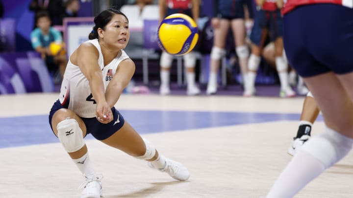 Jul 31, 2024; Paris, France; United States libero Justine Wong-Orantes (4) hits the ball against Serbia in a pool A match during the Paris 2024 Olympic Summer Games at South Paris Arena 1.