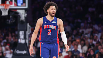 Apr 19, 2025; New York, New York, USA; Detroit Pistons guard Cade Cunningham (2) : Wendell Cruz-Imagn Images