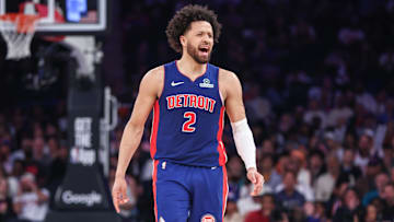 Apr 19, 2025; New York, New York, USA; Detroit Pistons guard Cade Cunningham (2): Wendell Cruz-Imagn Images