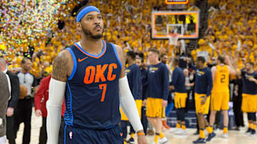 Apr 27, 2018; Salt Lake City, UT, USA; Oklahoma City Thunder forward Carmelo Anthony (7) walks off the court after losing game six of the first round of the 2018 NBA Playoffs against against the Utah Jazz at Vivint Smart Home Arena. Mandatory Credit: Russ Isabella-Imagn Images