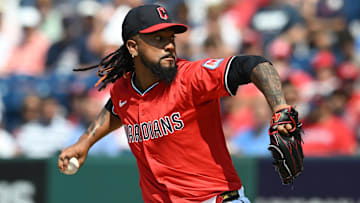 Jun 11, 2025; Cleveland, Ohio, USA; Cleveland Guardians relief pitcher Emmanuel Clase (48) throws a pitch during the ninth inning against the Cincinnati Reds at Progressive Field. Mandatory Credit: Ken Blaze-Imagn Images