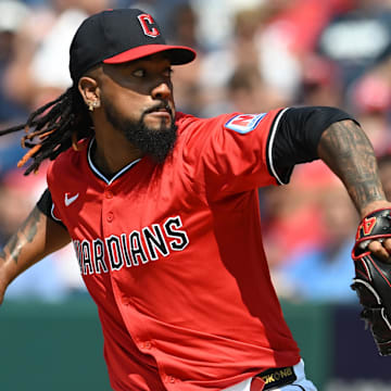Jun 11, 2025; Cleveland, Ohio, USA; Cleveland Guardians relief pitcher Emmanuel Clase (48) throws a pitch during the ninth inning against the Cincinnati Reds at Progressive Field. Mandatory Credit: Ken Blaze-Imagn Images
