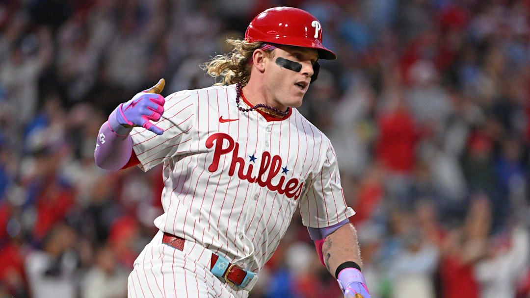 Sep 9, 2025; Philadelphia, Pennsylvania, USA; Philadelphia Phillies outfielder Harrison Bader (2) watches his home run during the second inning against the New York Mets at Citizens Bank Park. Mandatory Credit: Eric Hartline-Imagn Images