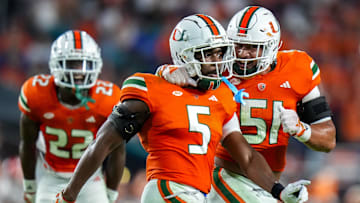 Oct 21, 2023; Miami Gardens, Florida, USA; Miami Hurricanes safety Kamren Kinchens (5) celebrates