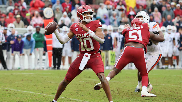 Oct 25, 2025; Fayetteville, Arkansas, USA; Arkansas Razorbacks quarterback Taylen Green (10) passes during the third quarter against the Auburn Tigers at Donald W. Reynolds Razorback Stadium. Auburn won 33-24. Mandatory Credit: Nelson Chenault-Imagn Images