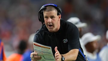 Sep 20, 2025; Miami Gardens, Florida, USA; Florida Gators head coach Billy Napier call for a timeout against the Miami Hurricanes during the fourth quarter at Hard Rock Stadium. Mandatory Credit: Sam Navarro-Imagn Images