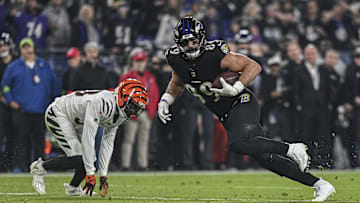 Nov 16, 2023; Baltimore, Maryland, USA; Baltimore Ravens tight end Mark Andrews (89) runs after a first half catch against the Cincinnati Bengals  at M&T Bank Stadium. Mandatory Credit: Tommy Gilligan-Imagn Images