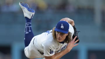 Aug 5, 2024; Los Angeles, California, USA;  Los Angeles Dodgers starting pitcher Tyler Glasnow (31) delivers to the plate in the first inning against the Philadelphia Phillies at Dodger Stadium. Mandatory Credit: Jayne Kamin-Oncea-USA TODAY Sports