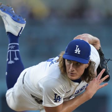 Aug 5, 2024; Los Angeles, California, USA;  Los Angeles Dodgers starting pitcher Tyler Glasnow (31) delivers to the plate in the first inning against the Philadelphia Phillies at Dodger Stadium. Mandatory Credit: Jayne Kamin-Oncea-USA TODAY Sports