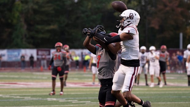 Monarch High School of Florida at Don Bosco. M #7 Amari Deer breaks up a pass intended for DB #1 Isaiah Alvarez.