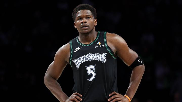 Feb 22, 2026; Minneapolis, Minnesota, USA; Minnesota Timberwolves guard Anthony Edwards (5) looks on during the first half against the Philadelphia 76ers at Target Center. Mandatory Credit: Matt Krohn-Imagn Images