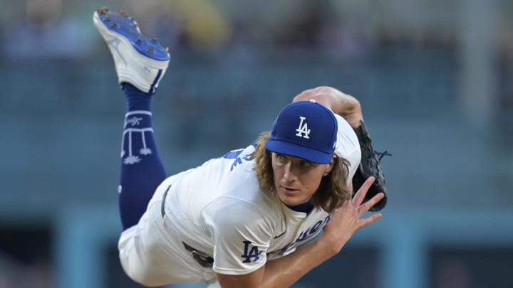 Aug 5, 2024; Los Angeles, California, USA;  Los Angeles Dodgers starting pitcher Tyler Glasnow (31) delivers to the plate in the first inning against the Philadelphia Phillies at Dodger Stadium. Mandatory Credit: Jayne Kamin-Oncea-USA TODAY Sports