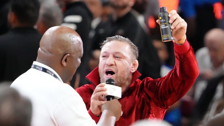 Jun 9, 2023; Miami, Florida, USA; MMA fighter Conor McGregor during halftime in game four of the 2023 NBA Finals between the Miami Heat and Denver Nuggets at Kaseya Center. Mandatory Credit: Kyle Terada-USA TODAY Sports