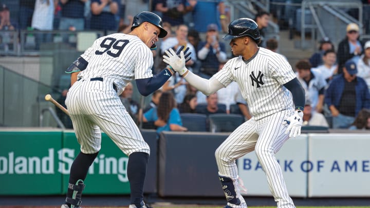 Aug 20, 2024; Bronx, New York, USA; New York Yankees right fielder Juan Soto (22) celebrates with center fielder Aaron Judge (99) after hitting a solo home run during the first inning against the Cleveland Guardians at Yankee Stadium.