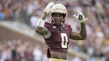 Aug 30, 2025; Tallahassee, Florida, USA; Florida State Seminoles defensive back Earl Little Jr. (0) reacts after a play against the Alabama Crimson Tide during the second half at Doak S. Campbell Stadium. Mandatory Credit: Melina Myers-Imagn Images