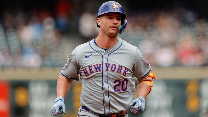 Aug 8, 2024; Denver, Colorado, USA; New York Mets first baseman Pete Alonso (20) rounds the bases on a solo home run in the third inning against the Colorado Rockies at Coors Field.