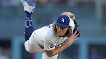 Aug 5, 2024; Los Angeles, California, USA;  Los Angeles Dodgers starting pitcher Tyler Glasnow (31) delivers to the plate in the first inning against the Philadelphia Phillies at Dodger Stadium. Mandatory Credit: Jayne Kamin-Oncea-Imagn Images