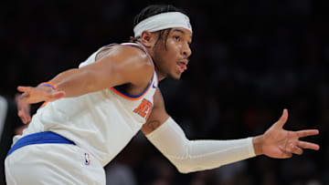 Mar 2, 2025; Miami, Florida, USA; New York Knicks guard Miles McBride (2) reacts after scoring against the Miami Heat during the second quarter at Kaseya Center. Mandatory Credit: Sam Navarro-Imagn Images