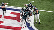 Feb 9, 2025; New Orleans, LA, USA; Philadelphia Eagles quarterback Jalen Hurts (1) celebrates after throwing a touchdown pass to Philadelphia Eagles wide receiver DeVonta Smith (not pictured) in the third quarter during Super Bowl LIX at Caesars Superdome.