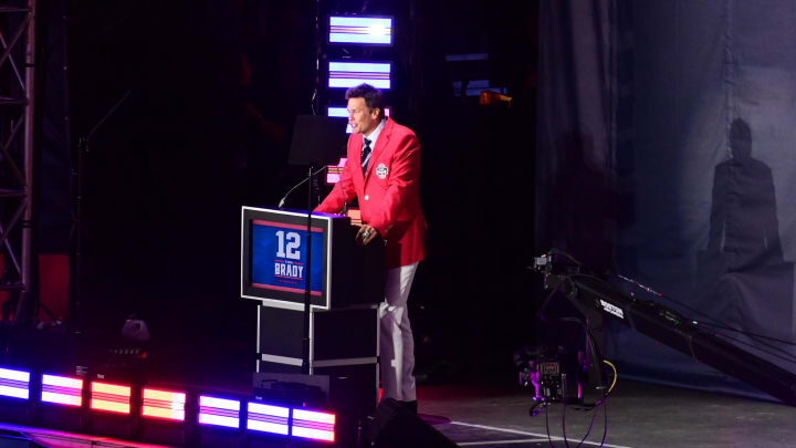 Former quarterback Tom Brady speaks during his New England Patriots Hall of Fame induction ceremony at Gillette Stadium. Former quarterback Tom Brady speaks during his New England Patriots Hall of Fame induction ceremony at Gillette Stadium.