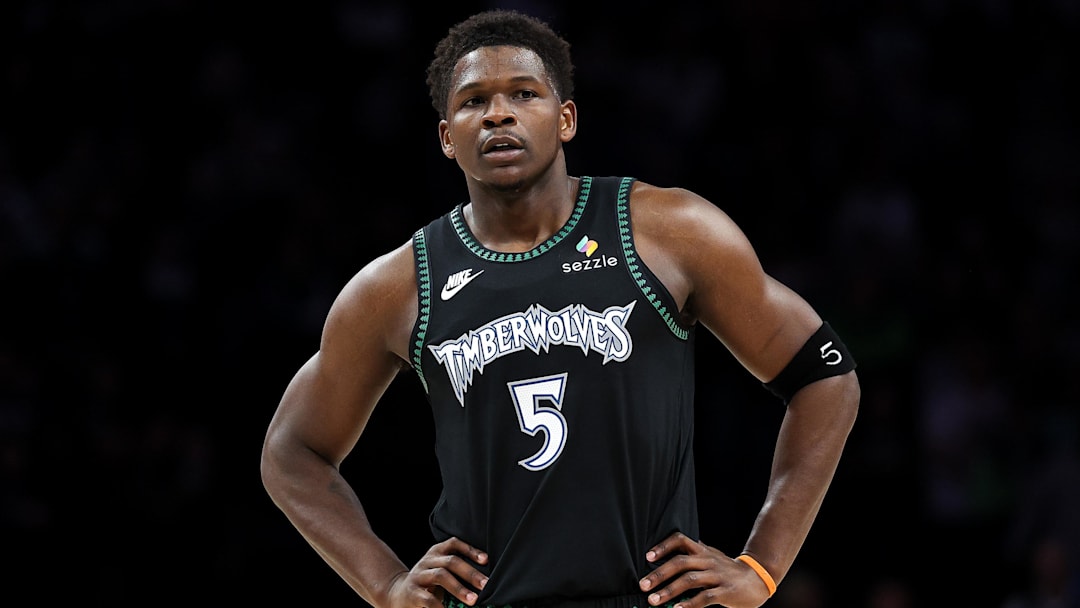 Feb 22, 2026; Minneapolis, Minnesota, USA; Minnesota Timberwolves guard Anthony Edwards (5) looks on during the first half against the Philadelphia 76ers at Target Center. Feb 22, 2026; Minneapolis, Minnesota, USA; Minnesota Timberwolves guard Anthony Edwards (5) looks on during the first half against the Philadelphia 76ers at Target Center.