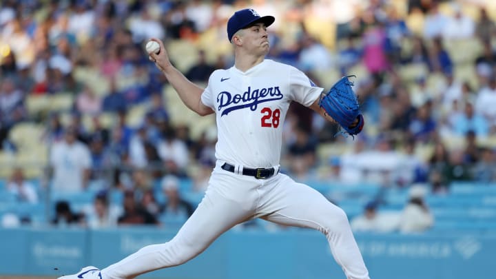 Jul 2, 2024; Los Angeles, California, USA;  Los Angeles Dodgers starting pitcher Bobby Miller (28) pitches during the first inning against the Arizona Diamondbacks at Dodger Stadium. Mandatory Credit: Kiyoshi Mio-USA TODAY Sports