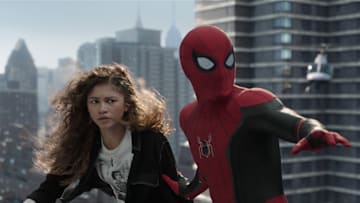 MJ (Zendaya) prepares to freefall with Spider-man in Columbia Pictures' SPIDER-MAN: NO WAY HOME. Courtesy of Sony Pictures. ©2021 CTMG. All Rights Reserved. MARVEL and all related character names: © & ™ 2021 MARVEL