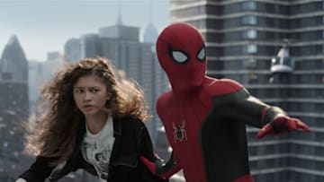 MJ (Zendaya) prepares to freefall with Spider-man in Columbia Pictures' SPIDER-MAN: NO WAY HOME. Courtesy of Sony Pictures. ©2021 CTMG. All Rights Reserved. MARVEL and all related character names: © & ™ 2021 MARVEL