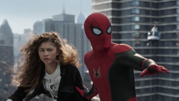 MJ (Zendaya) prepares to freefall with Spider-man in Columbia Pictures' SPIDER-MAN: NO WAY HOME. Courtesy of Sony Pictures. ©2021 CTMG. All Rights Reserved. MARVEL and all related character names: © & ™ 2021 MARVEL