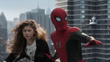 MJ (Zendaya) prepares to freefall with Spider-man in Columbia Pictures' SPIDER-MAN: NO WAY HOME. Courtesy of Sony Pictures. ©2021 CTMG. All Rights Reserved. MARVEL and all related character names: © & ™ 2021 MARVEL