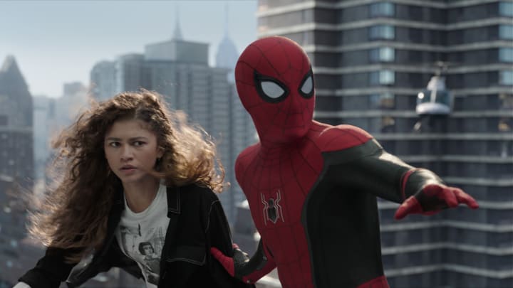 MJ (Zendaya) prepares to freefall with Spider-man in Columbia Pictures' SPIDER-MAN: NO WAY HOME. Courtesy of Sony Pictures. ©2021 CTMG. All Rights Reserved. MARVEL and all related character names: © & ™ 2021 MARVEL