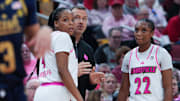 Louisville head coach Jeff Walz looks for answers as he instructs his team against Notre Dame during their game at the KFC Yum! Center in Louisville, Ky. on Feb. 2, 2025.