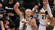 Apr 26, 2025; Inglewood, California, USA; Denver Nuggets forward Aaron Gordon (32) celebrates after the game winning dunk to defeat the Los Angeles Clippers 101-99 in game four of round one of the 2024 NBA Playoffs at Intuit Dome. Mandatory Credit: Jayne Kamin-Oncea-Imagn Images